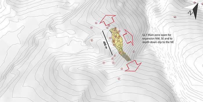 Zoomed-in perspective view, looking northwest, of the modeled GL1 Main zone on topography