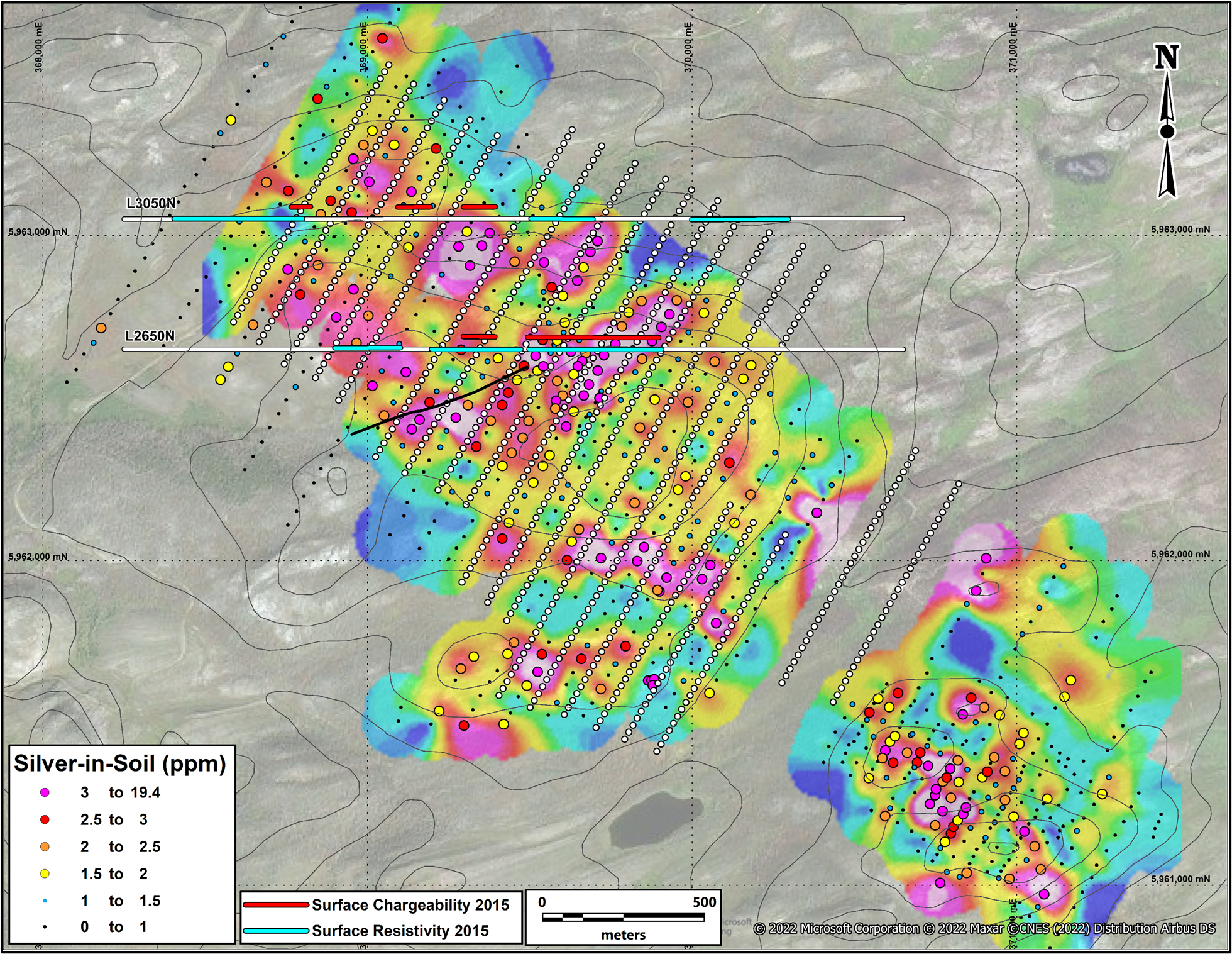 Holy Cross Silver-in-Soil Values, Samples Underway (White Dots), and Two Lines of 2015 IP